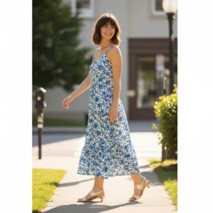 A model walking comfortably in gold kitten heel sandals, demonstrating their wearability.