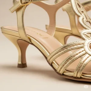 Detailed shot of gold kitten heel sandals, showing the metallic finish and intricate craftsmanship.