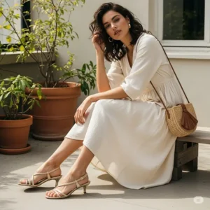 Gold kitten heel sandals styled in a lifestyle setting, perfect for a casual yet sophisticated look.