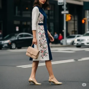 Gold kitten heel sandals paired with a chic dress, showcasing a stylish outfit idea for various occasions.