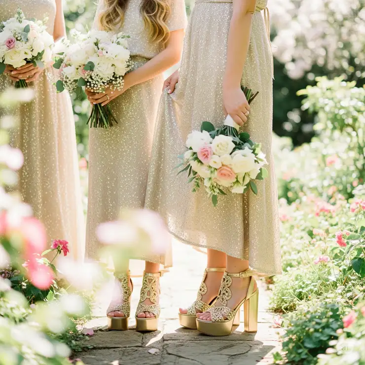 Bridal party member wearing sparkling gold platform sandals for a wedding.