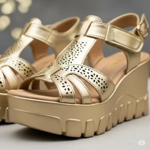 Gold metallic platform wedge sandals, combining trendy design with added stability and height.