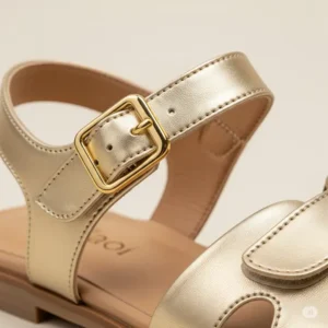 Detail of the adjustable strap on comfortable gold sandals, ensuring a secure and personalized fit.