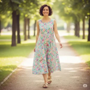 Woman walking in comfortable gold sandals, paired with a casual summer dress, ideal for everyday wear.