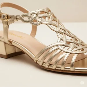 Close-up of delicate strappy gold sandals for women, showcasing intricate design details and a comfortable heel.