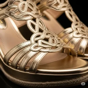 Close-up of the shimmering gold metallic finish on a stylish pair of wedge sandals, highlighting the intricate strap design.