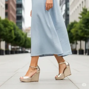 High-heeled gold metallic wedge sandals providing elevated style and comfort for extended wear.
