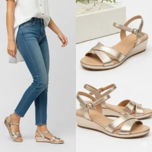 Low-profile gold metallic wedge sandals, offering a subtle lift and easy-to-wear comfort for everyday outfits.
