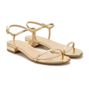 Sleek minimalist gold designer sandals, showcasing a simple yet elegant design for modern style.