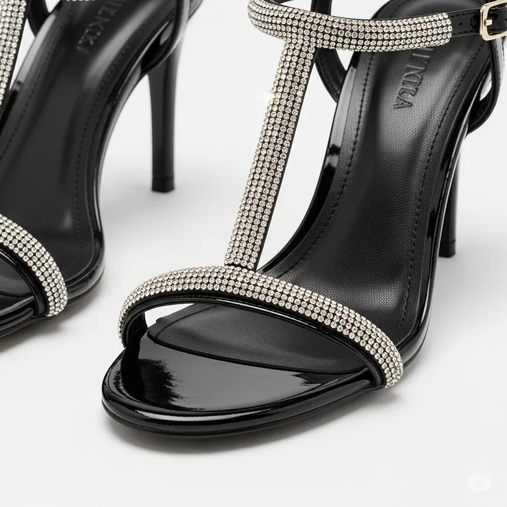 Sleek black rhinestone sandals crafted from glossy patent leather, adding a touch of sophistication.