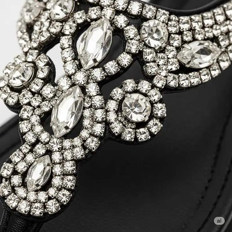 Close-up view of shimmering rhinestone embellishments on a black sandal strap, highlighting intricate detail.