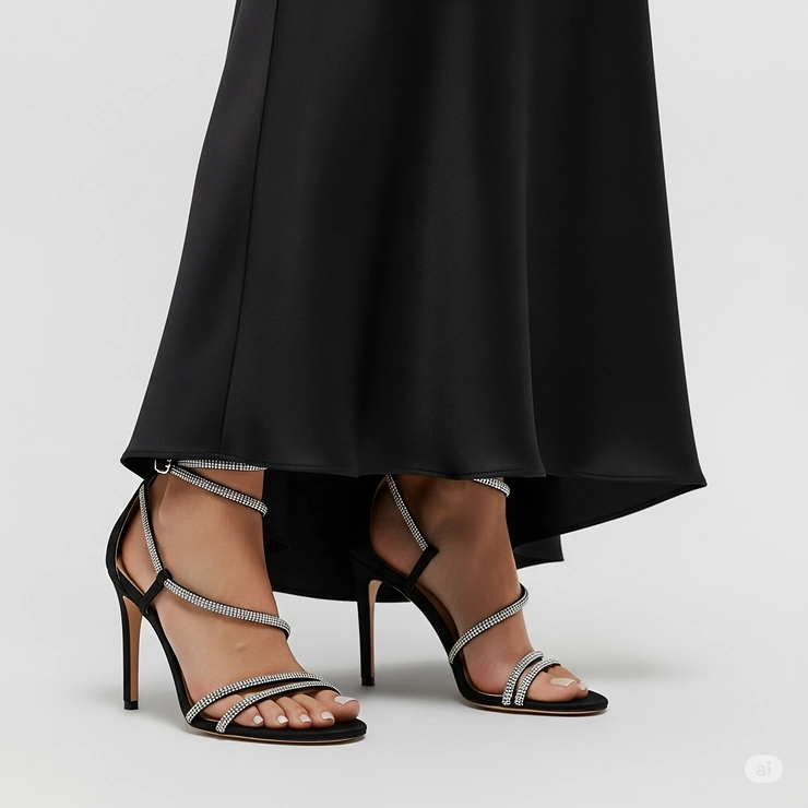 Dazzling rhinestone black sandals complementing an elegant evening dress, ideal for formal events.
