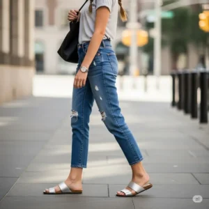 Woman wearing comfortable silver flat sandals paired with distressed jeans, ideal for a relaxed and fashionable look.