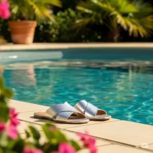 Woman's foot wearing silver flat sandals, demonstrating their comfortable fit and supportive sole for all-day wear.