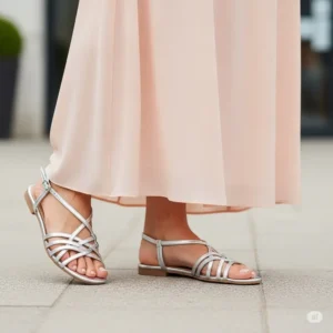 Elegant silver flat sandals complementing a flowing maxi dress, perfect for a chic summer evening or special occasion