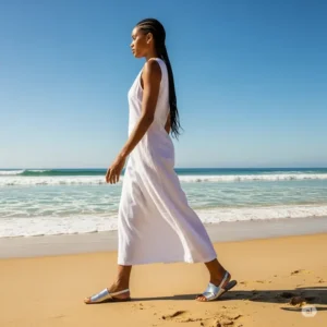Stylish silver flat sandals on a model walking on a beach, showcasing their comfortable design and elegant metallic finish.
