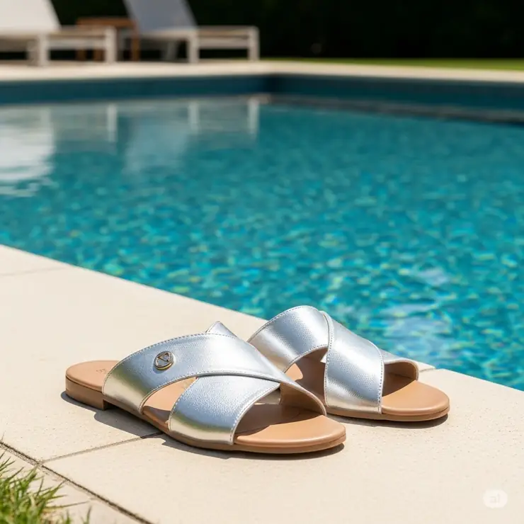 Silver flat sandals resting by a poolside, evoking a relaxing summer vibe and highlighting their versatility for outdoor activities.