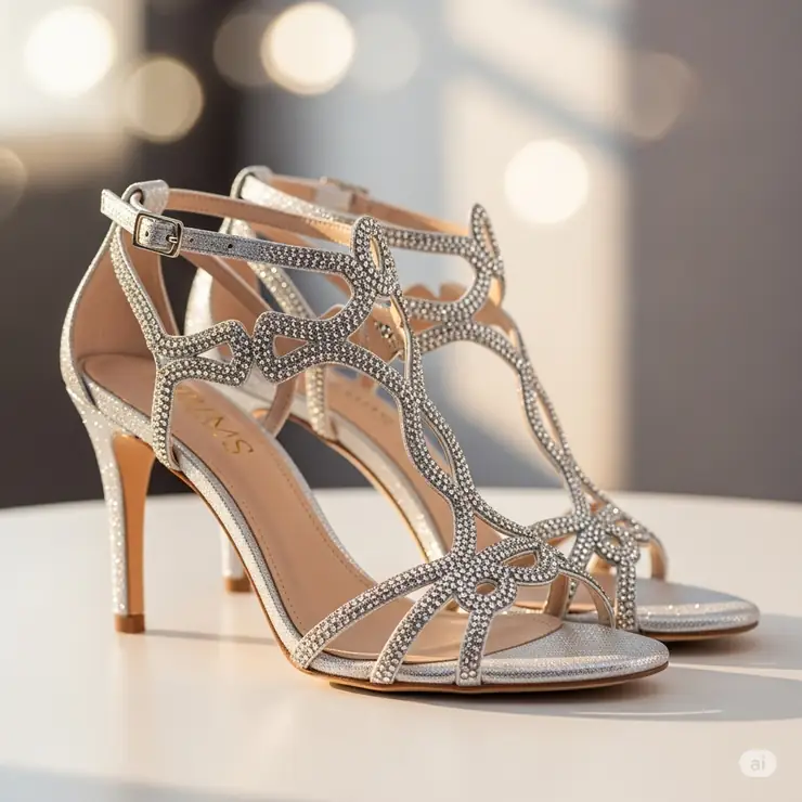 Elegant silver high heel sandals sparkling in the light, perfect for a special occasion.