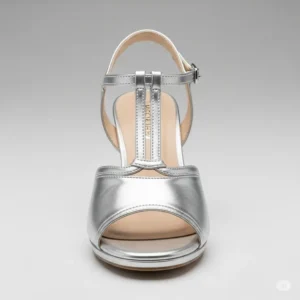 Front view of open-toe silver heeled sandals, showcasing their contemporary design and comfortable fit