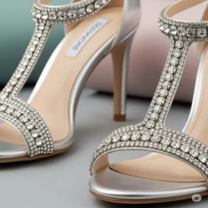 Shimmering silver heeled sandals with diamante embellishments, suitable for a wedding or formal event.