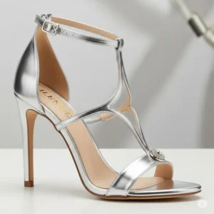Stylish silver stiletto heeled sandals, ideal for adding a touch of glamour to any party outfit