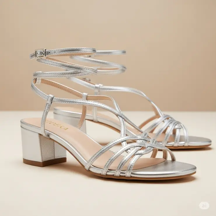 Elegant silver strappy sandals with a comfortable heel, perfect for a special occasion or evening wear.