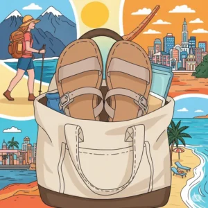 Illustration of comfortable flat sandals packed for travel, suggesting their versatility and ease for trips