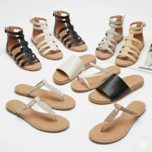 Collection of various comfortable flat sandal styles, including gladiator, slide, and thong designs, offering diverse options