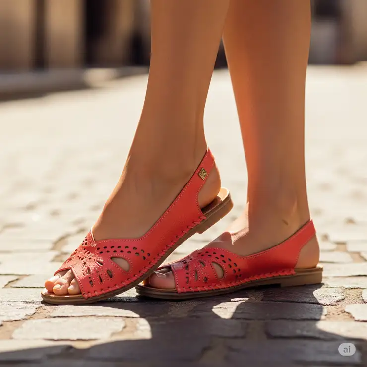 A close-up of a woman's feet wearing stylish and comfortable flat sandals, perfect for summer walks