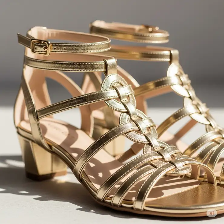 Elegant women's gold gladiator sandals with a low heel, perfect for a dressier occasion.