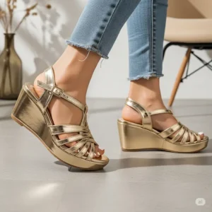 Women's gold metallic wedge sandals, showcasing their versatile design suitable for both casual and formal wear.