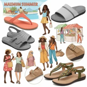 Illustration showcasing a variety of women's flat sandals designed for maximum comfort during summer activities.