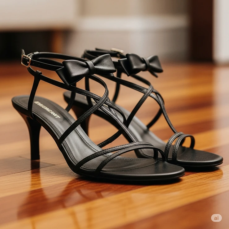 Elegant black bow sandals with slender straps, perfect for a chic evening look or stylish daytime wear.