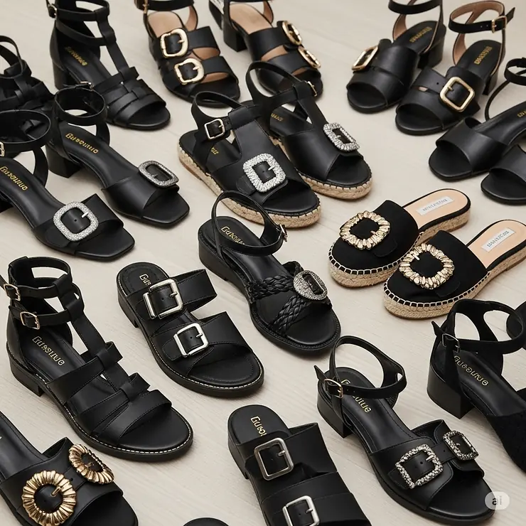 Collection of black buckle sandals, highlighting various styles and buckle designs.