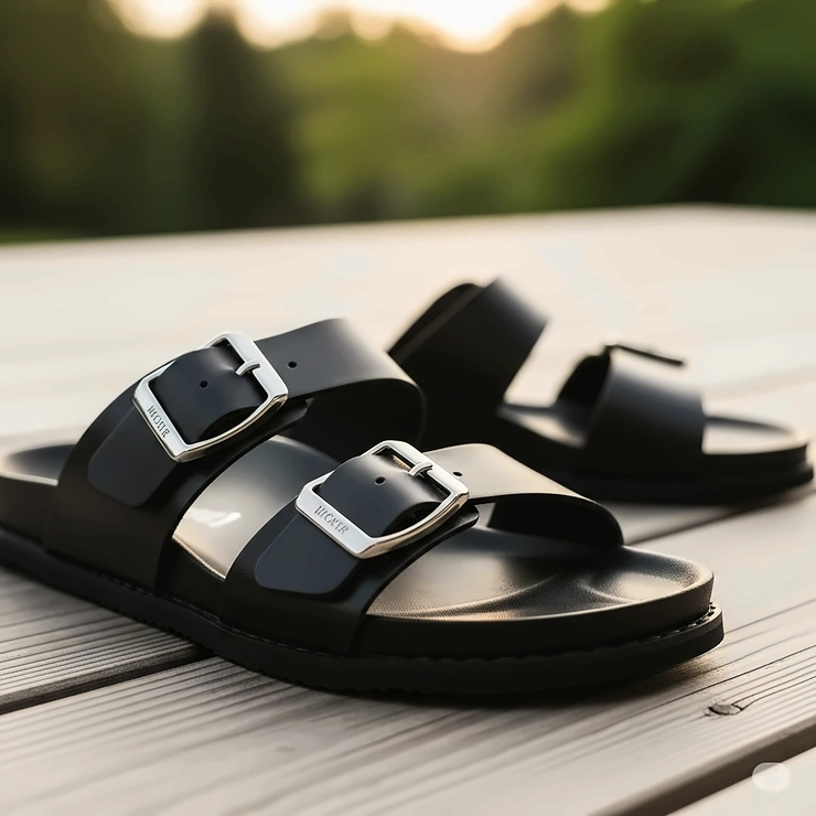 Stylish black buckle sandals with a comfortable sole, perfect for summer outfits. buckle sandals black