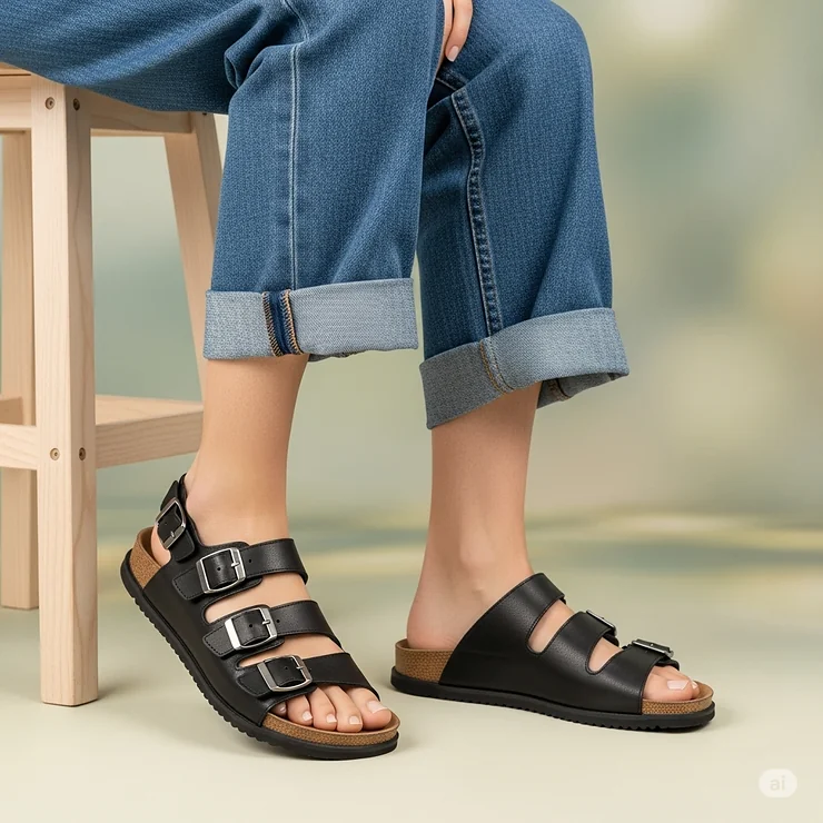 Model wearing comfortable black buckle sandals, demonstrating their fit and style.