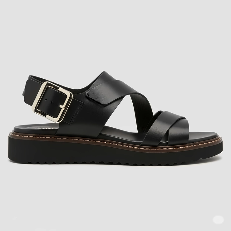 Side profile of chic black buckle sandals, highlighting the design and sole thickness.