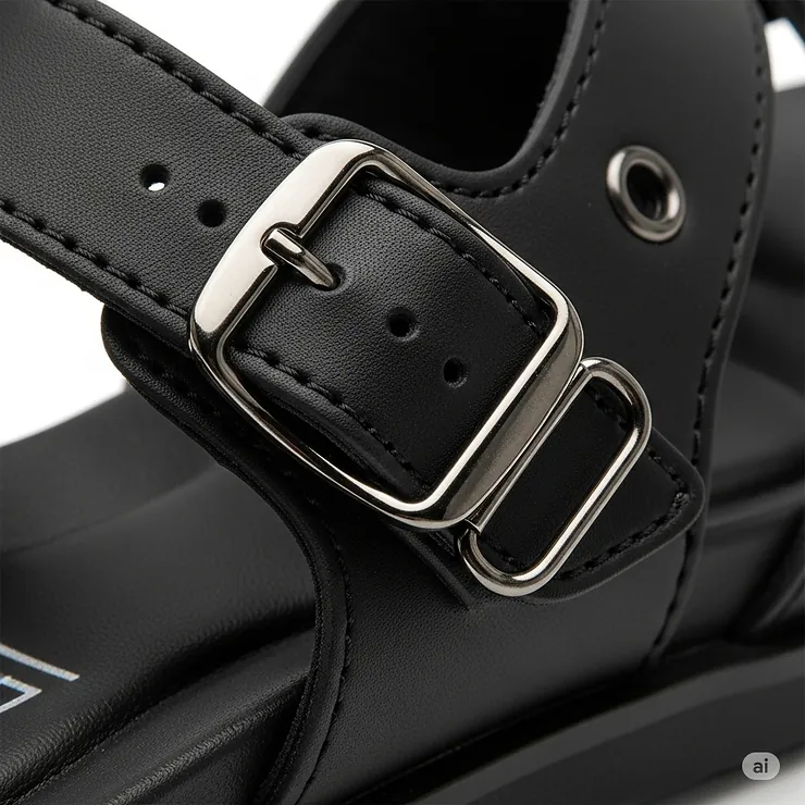 Close-up of the adjustable buckle strap on comfortable black sandals, showing quality hardware.