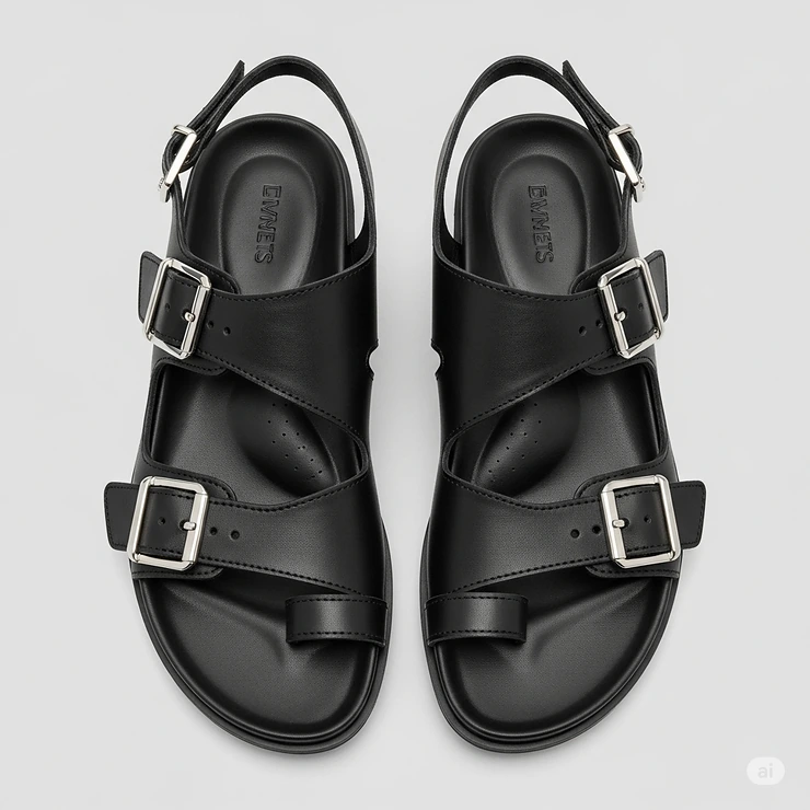 Overhead view of sleek black buckle sandals, showcasing the full design.