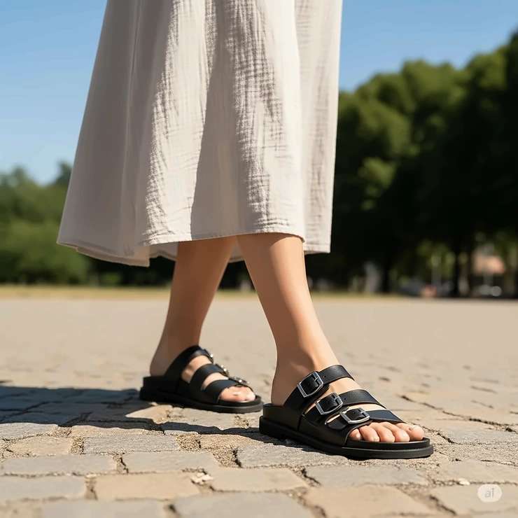 Person walking outdoors in versatile black buckle sandals, perfect for casual outings.