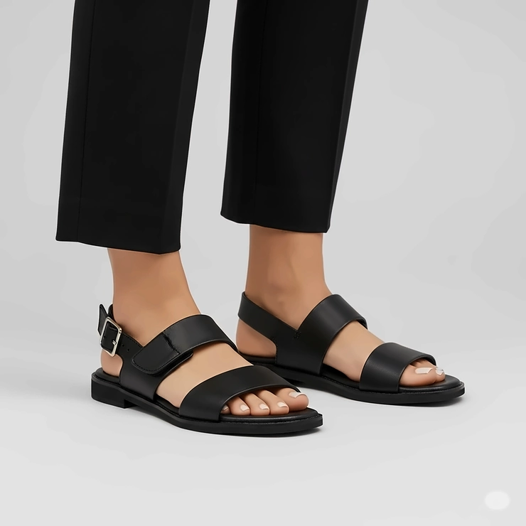 Professional-looking black flat dress sandals, suitable for office wear or business casual environments where comfort is key.