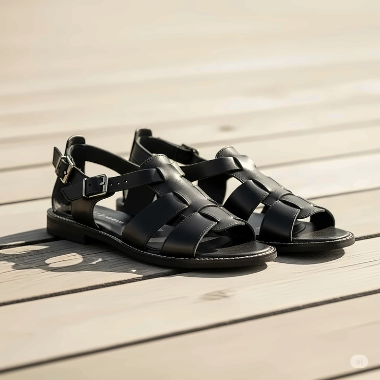 Black leather fisherman sandals for men, showcasing the classic woven design and durable sole, perfect for summer wear and outdoor activities.