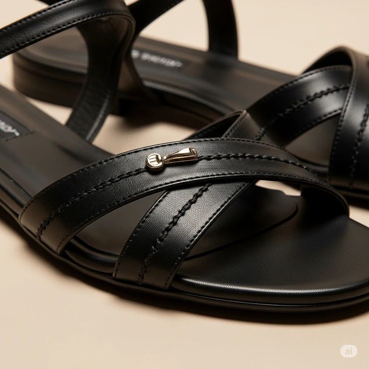 Close-up of sleek black flat dress sandals, showcasing their comfortable design and sophisticated details ideal for formal occasions.