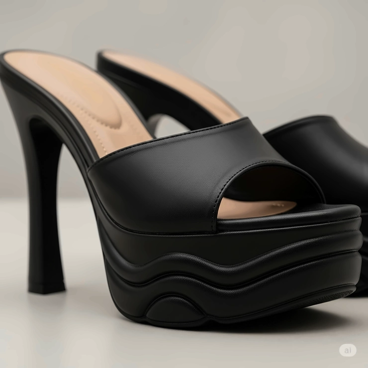 Image focusing on the comfortable design features of black high heel platform sandals, including cushioned sole.