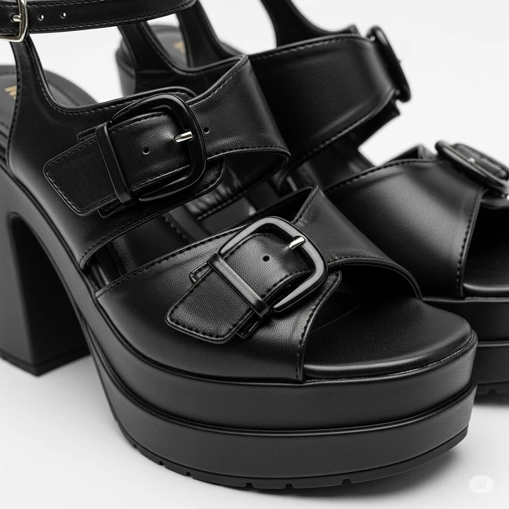 Detailed shot of black high heel platform sandals, showing the texture of the material and buckle accents.