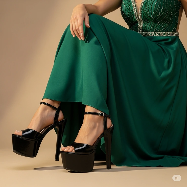Pair of black high heel platform sandals styled with a formal dress, ideal for special occasions.
