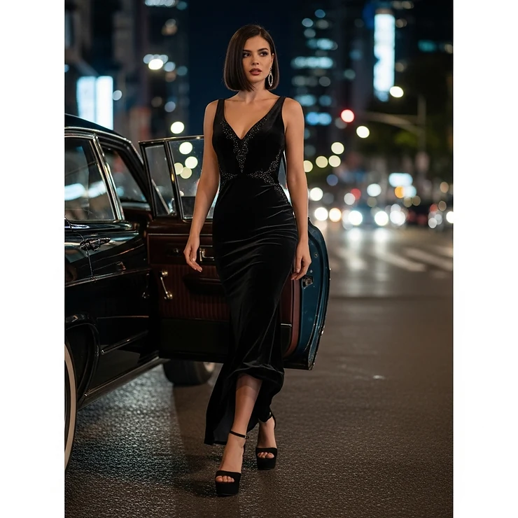 Stylish woman wearing black high heel platform sandals with an elegant evening dress, perfect for a night out.
