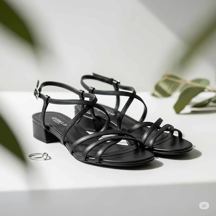 Stylish black low heel sandals on a model, showcasing their comfort and versatility for everyday wear.