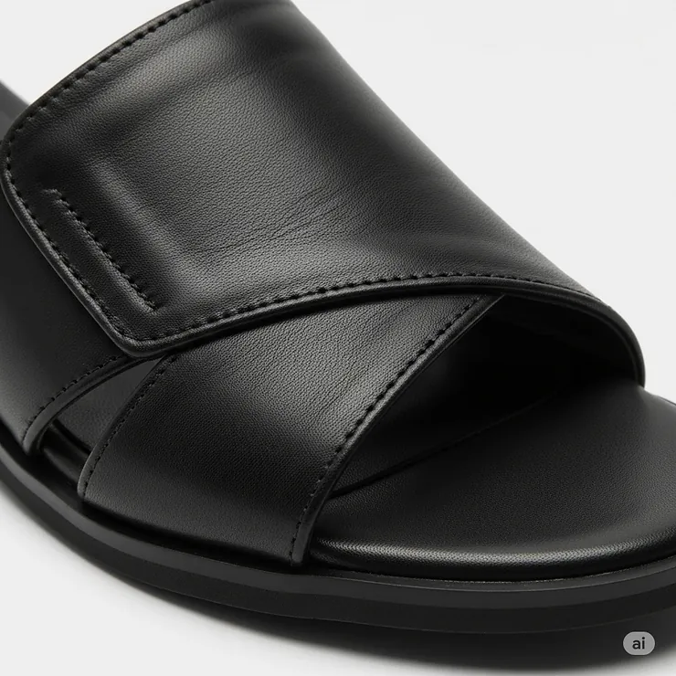 Detailed shot of the high-quality leather texture on black low heel sandals.