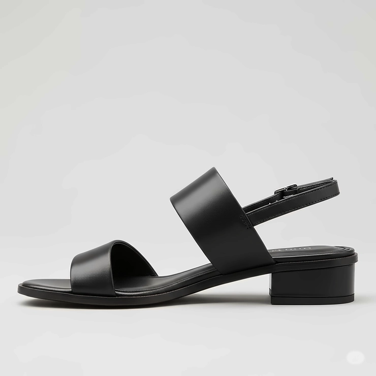 Side profile of sleek black low heel sandals, highlighting their elegant design.